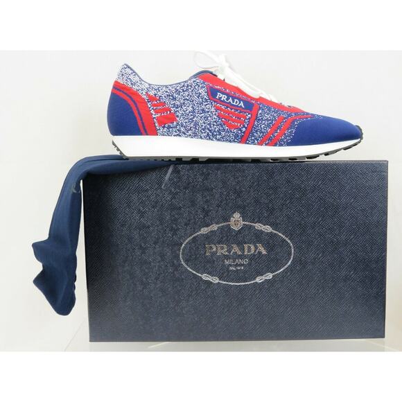 NIB PRADA 2EG272 RED BLUE FABRIC TRAINERS KNIT LOGO LACE UP SNEAKERS 8 US 9 - Picture 2 of 12